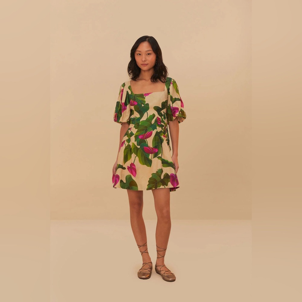 FARM Rio Anthurium Leaves Linen Blend Short-Sleeve Square-Neck Dress sz M NWT - Picture 2 of 4